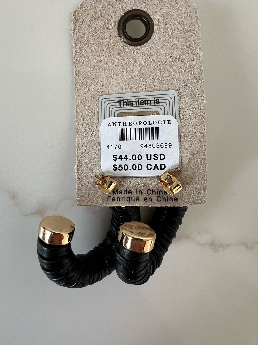 Anthropologie Faux Black Leather Wrapped Hoop Earrings with Gold Caps NWT - Picture 2 of 6